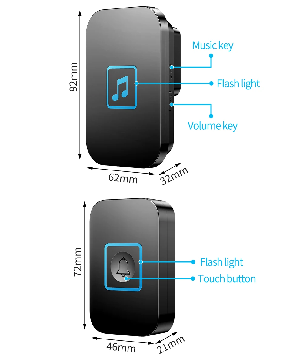 WEMEDA Wireless Doorbell Waterproof Touch Button LED Light Home Smart Cordless Door Ring Bell US EU UK Plug 300M Range 60 Chimes