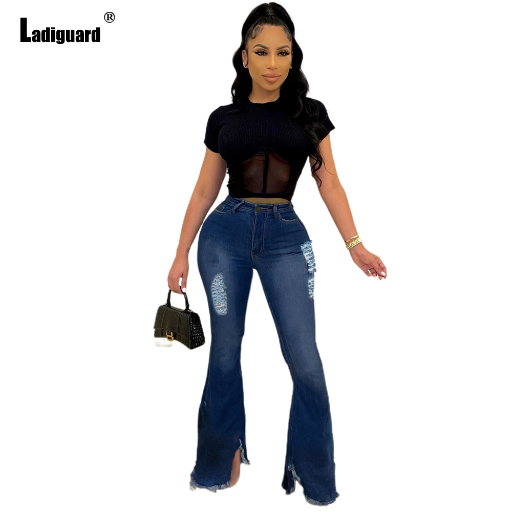 Ladiguard Frauen Mode Jeans Frauen Boot Cut Denim Hosen sexy push-up jeans Hohe Taille Casual Zerrissene Hosen damen Flare jeans