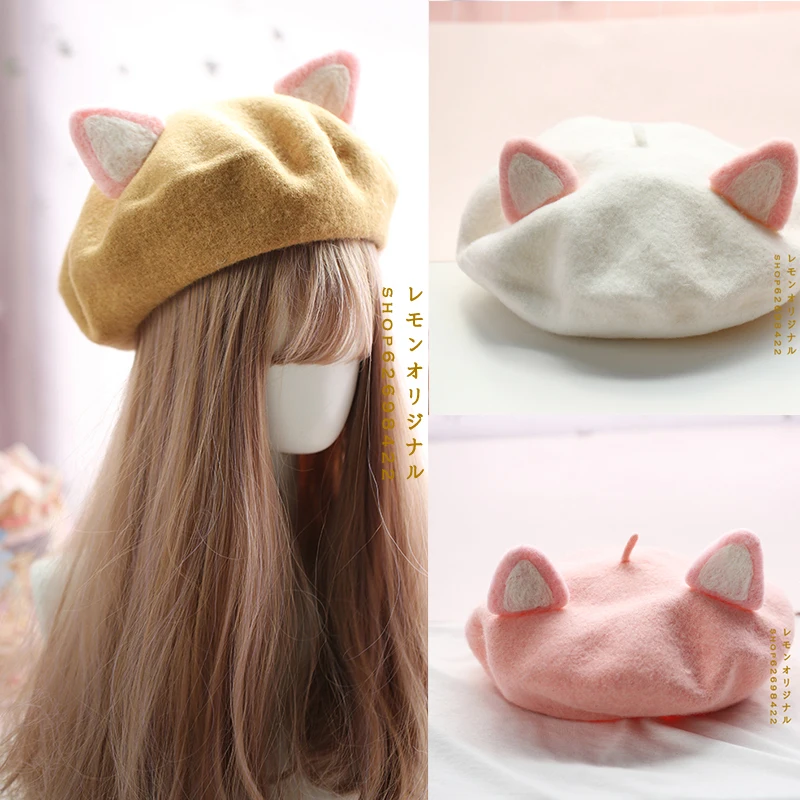 

Autumn Winter Sweet Princess Lolita Hat Japanese Style Mori Girl Kawaii Cat Ear Hat Woolen Warm Beret Women Cute Soft Wool Cap