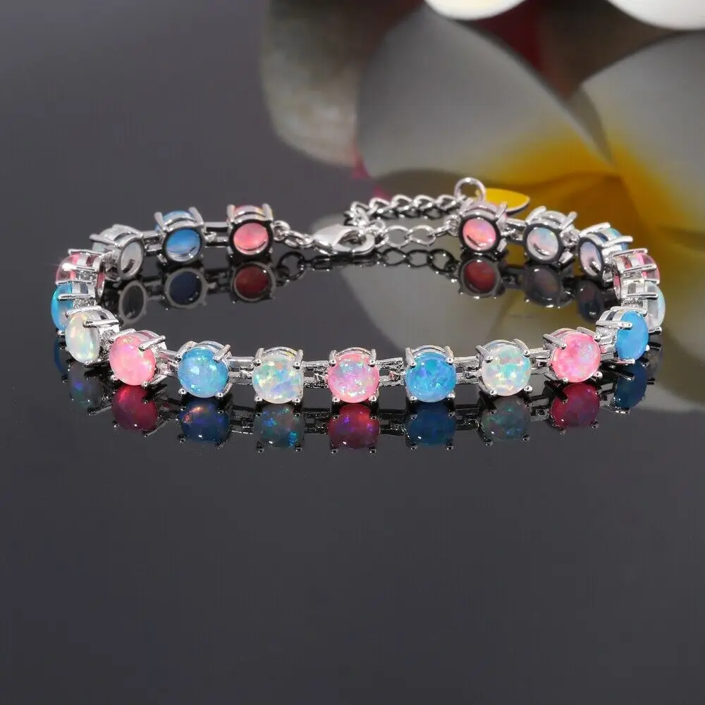 CiNily Rainbow Fire Opal Link Chain Bracelets Silver Plated White Blue Pink Stone Bohemia BOHO Jewelry Best Gift for Girl Women