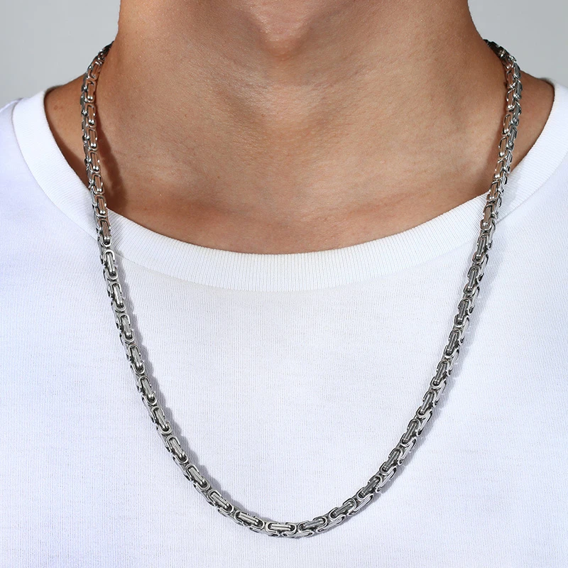 Vnox Men Basic Cubic Square Byzantine Chain Necklace 4mm Wide Stainless Steel Solid Metal Punk Collar Male Jewelry 60cm