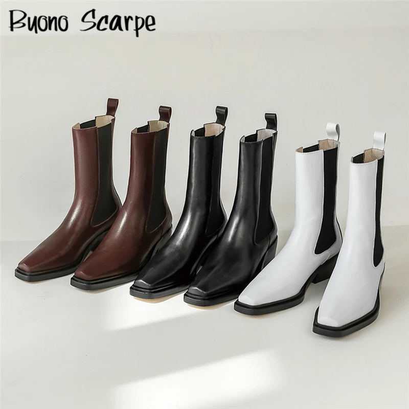 Genuine Leather Chelsea Boots Elastic Casual Chunky Ankle Boots Square Toe Leather Brand Designer Female Shoes Autumn Booties