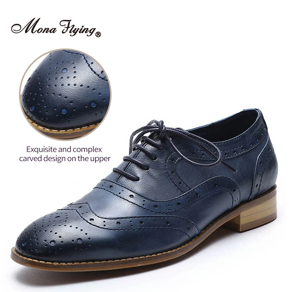 Mona Flying Donna Vera Pelle Wingtip Oxfords Brogue Fatte a Mano Casual Appartamenti Traforati Scarpe Stringate per Donna FLX19-1