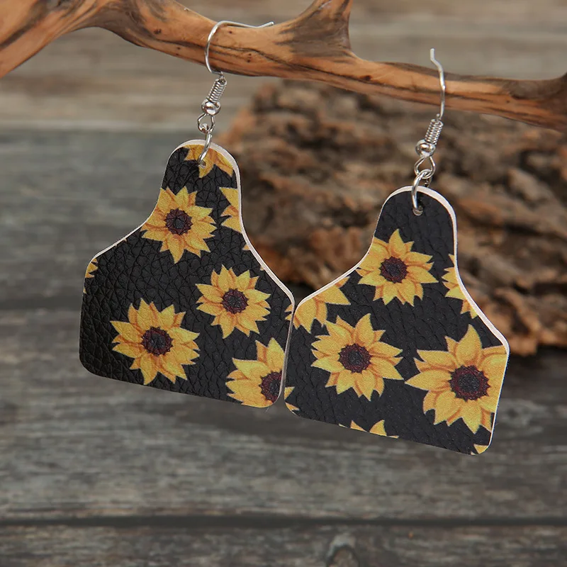 2021 Wholesale New Retro Geometric Wine Bottle-shaped Small Daisy Sunflower Pu Earrings Double-sided Printing Pattern Jewelry