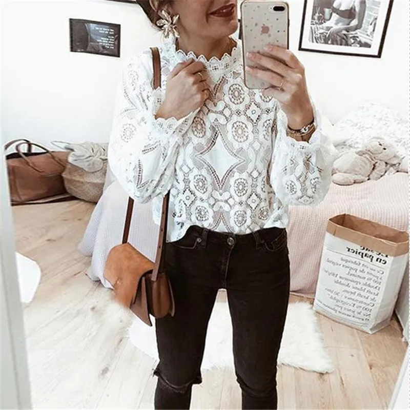 Women Lace Blouse Elegant Formal Embroidery Long Sleeve White Shirts Office Lady Flower Hollow Fashion Female Chemise Clothing