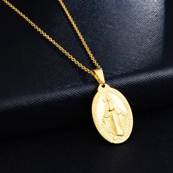 Miraculous Medal Stainless Steel Oval Pendant Necklace for Women Men Wild Jewelry Gift Necklace