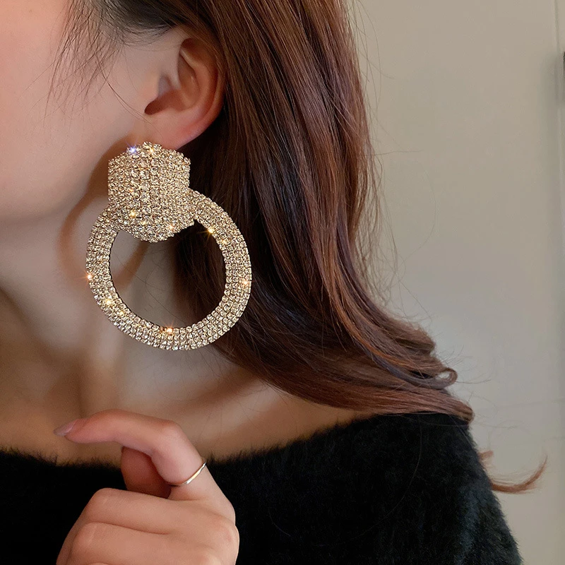 FYUAN-pendientes colgantes de cristal geométricos para mujer, aretes redondos de gran tamaño con diamantes de imitación, joyería de fiesta, regalos