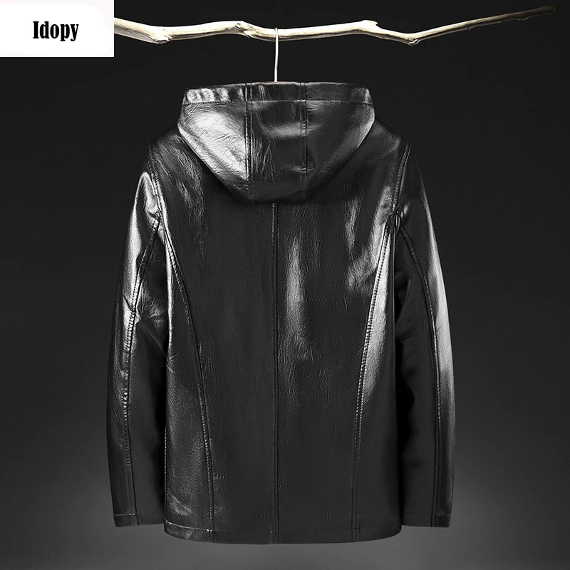 Idopy Autumn New Long Sleeve Men`s Faux Leather Jacket Zipper Up Blazer Fleece Lined Casual Jacket Coat Plus Size L-5XL