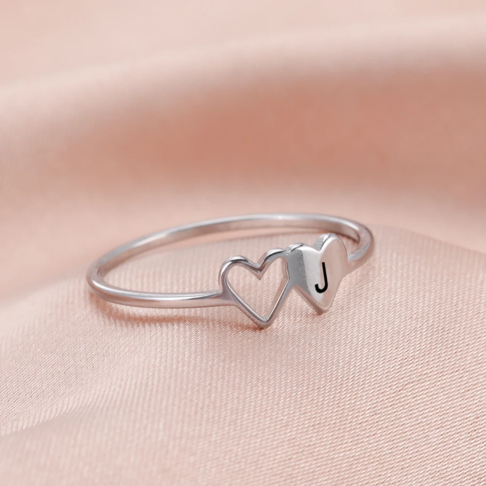 Skyrim Minimalist Double Hearts Initial Letter Rings Women Stainless Steel A-Z Alphabet Trendy Ring 2024 Fashion Jewelry Gift