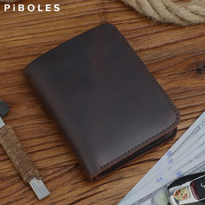 Men's Wallet Vintage Crazy Horse Genuine Leather Short Wallets Handmade Billfold Credit Card Slots Purse Cow Leather Money Bag