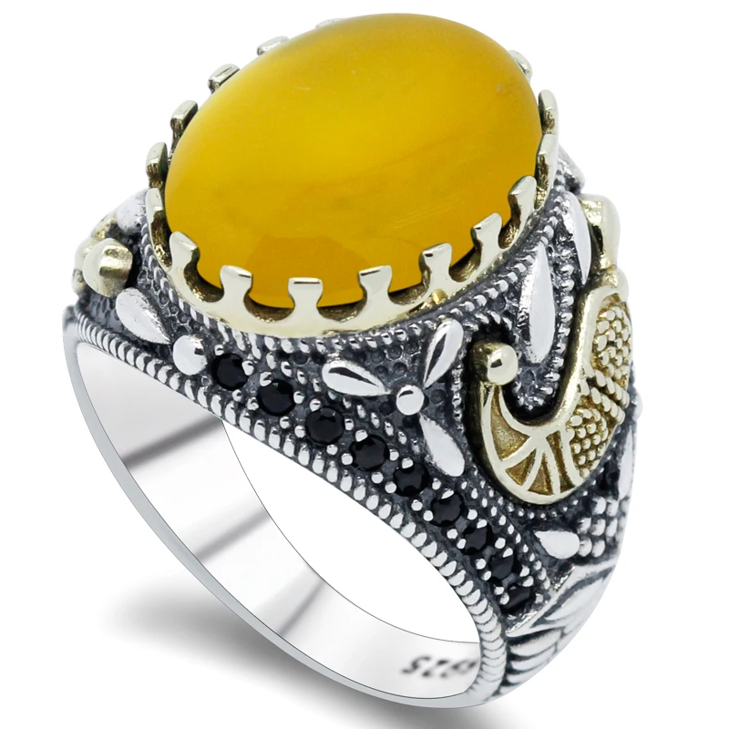 Hot sale 925 sterling silver ring Turkish jewelry yellow agate stone ring transparent black spinel men's ring high jewelry