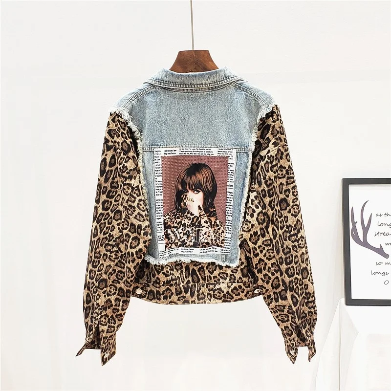 Autumn Spring Patchwork Leopard Denim Jacket Women Long Sleeve Single Breasted Loose Fit Pearls Printed Casual Short Outerwear