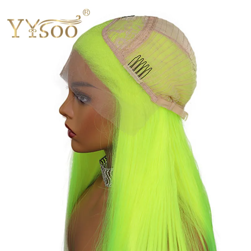 YYsoo Wig Sintetik Lurus Sutra Hijau Neon Panjang Wig Depan Renda Tanpa Lem untuk Wanita Wig Hijau Cosplay Tahan Panas