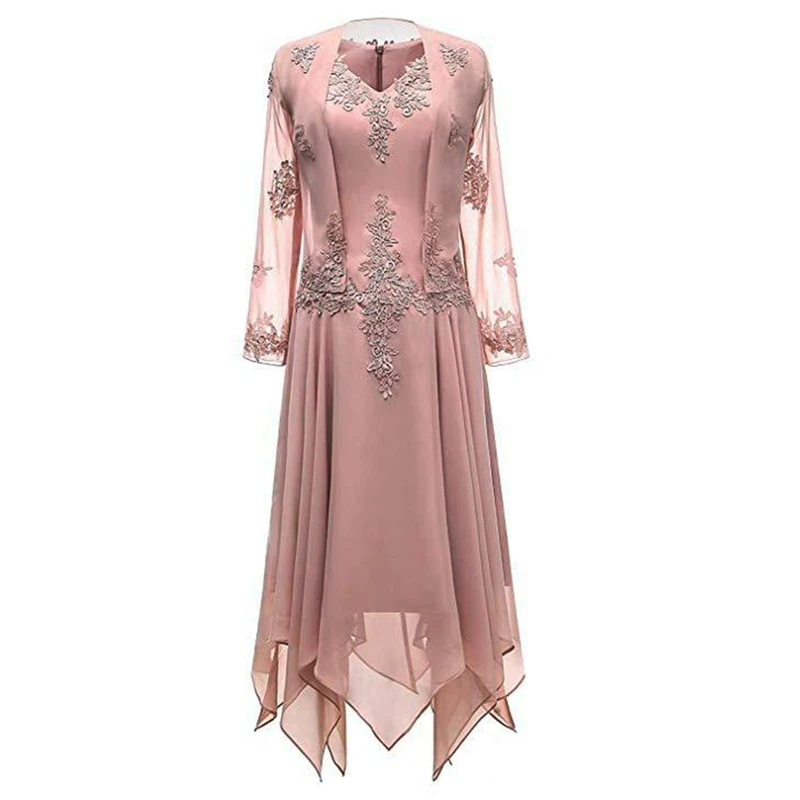 V-hals Chiffon Thee Lengte Moeder Van De Bruid Jurk Lange Mouwen Lace Formele Avondjurken Met Jacket Свадебное Платье Vestidos