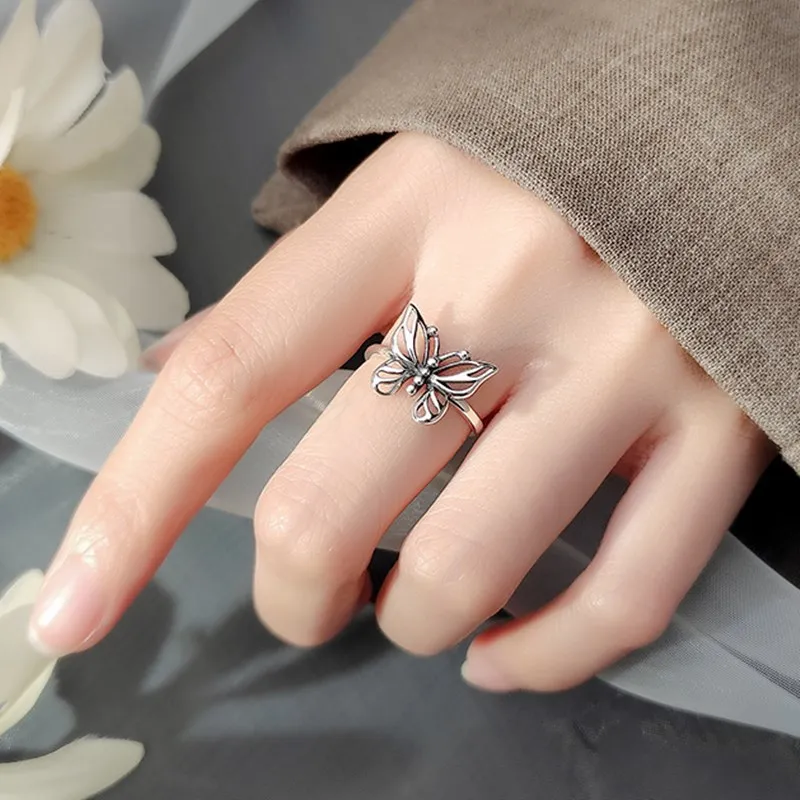 Echte bf Club Silber Farbe geometrischen Schmetterling Vintage verstellbaren Ring minimalist ischen feinen Schmuck für Frauen Party Geschenk