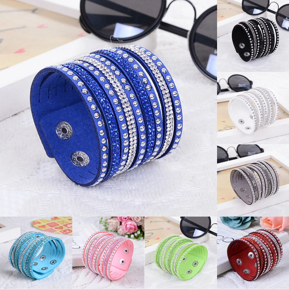 Handmade Leather Bracelets for Women Full rivet Crystal Round Wide Men Women Bracelet New arrvial Gift Jewelry