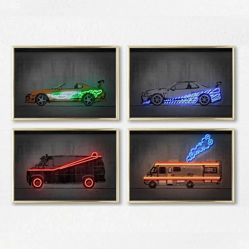 LED Neon Car Nordic Modern Concrete Canvas Painting Para Sala Ghostbusters Car Neon Graffiti Pop Street for Kid Boy Room Decor