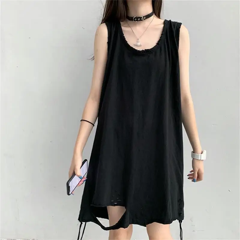 

Women's Vest Sleeveless Dress Summer New Solid Color Round Collar Hole Design Loose Fashion Cool Sun Mini Skirt