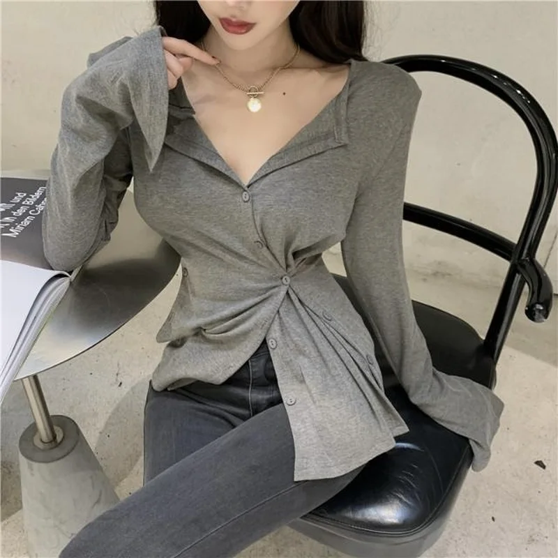 T-shirts Women Solid Fashion Slim Summer New All-match Korean Style Leisure V-neck Irregular Long Sleeve Comfortable Female Tops