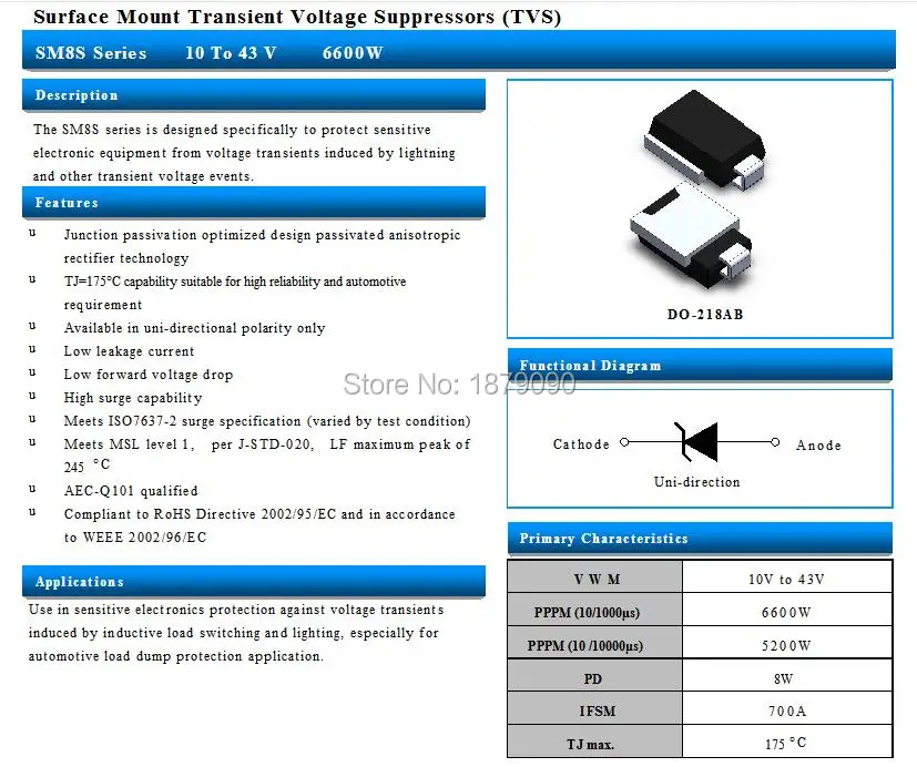 Diodo de protección automotriz, 10 unids/lote, SM8S26A, SM8S26CA, SM8S28A, SM8S30A, SM8S30CA, 6600W, 26V, 28V, 30V, UNI/BI DO-218AB