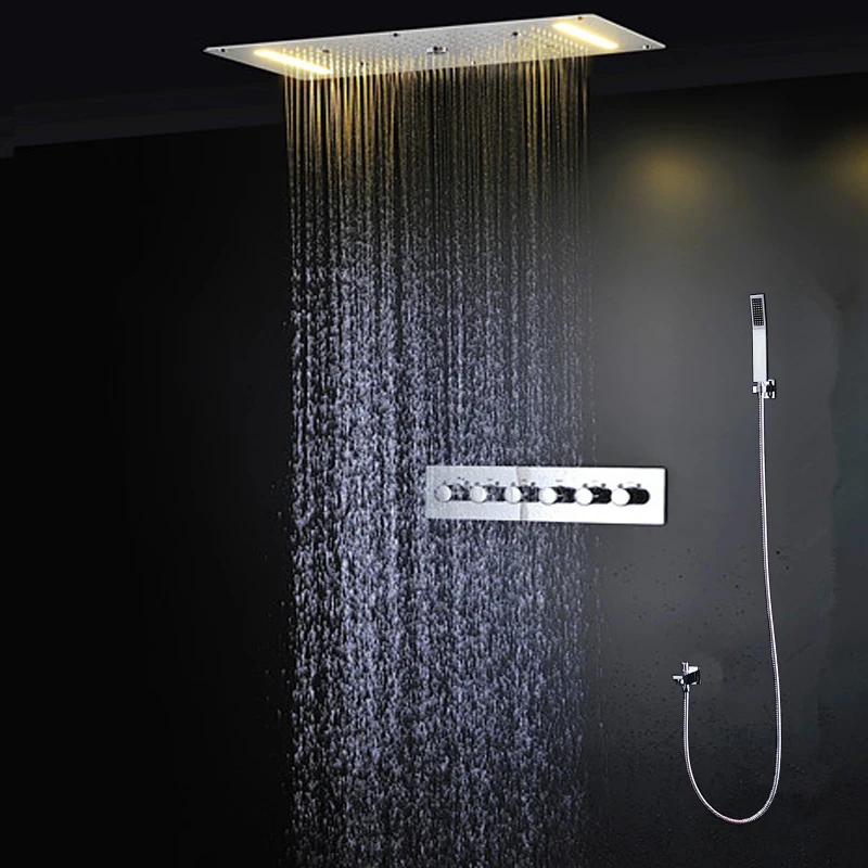 Bathroom Ceiling LED Shower Set Mist Spray Rainfall Waterfall ShowerHead Panel Thermostatic Mixer Faucets 380x700mm