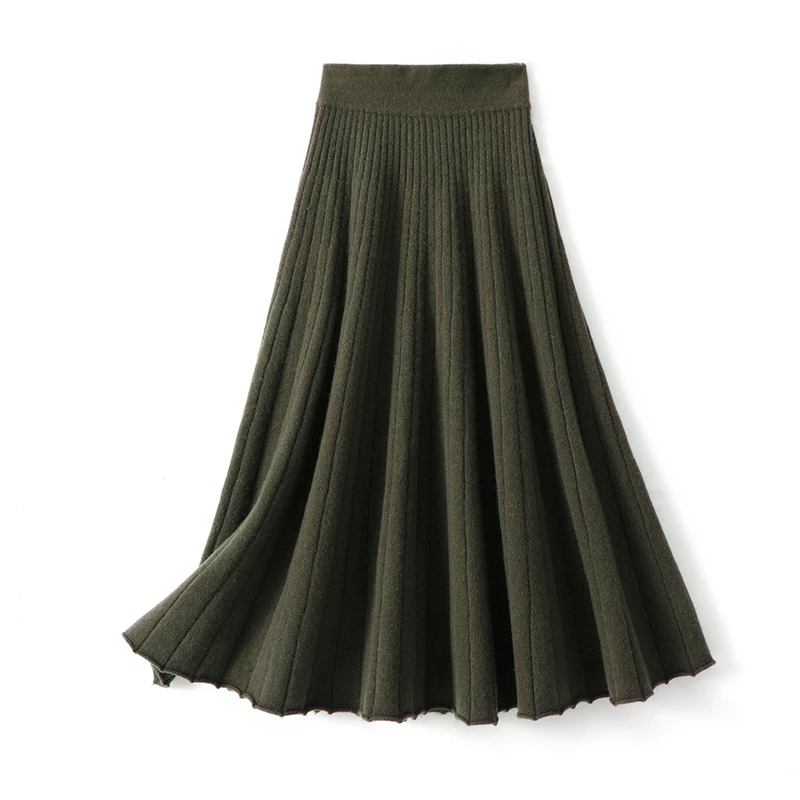 Solid Color Female Long Vintage WOOL Pleated Skirt Women Autumn Winter Elegant Fashion Ladies High Waist A line Skirt