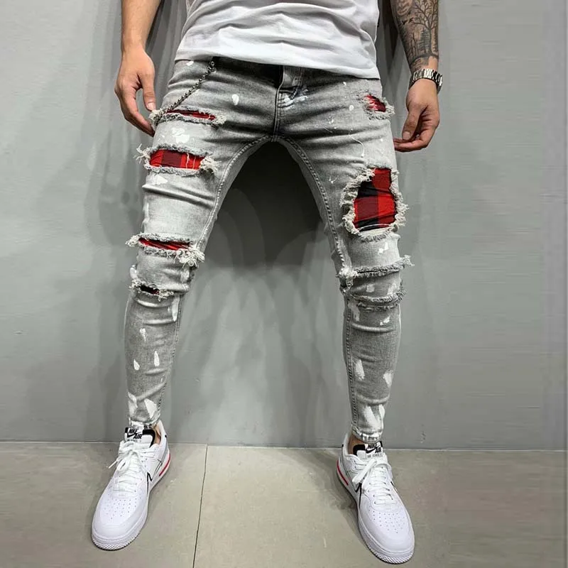 Fashion Mens Skinny Ripped Jeans Grid Beggar Patches Slim Fit Stretch Casual Denim Pencil Pants Painting Jogging Trousers Men