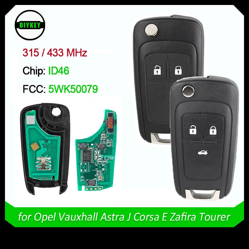 DIYKEY 5WK50079 315/433MHz do Opel Astra J Corsa E Zafira Tourer Insignia Viva Adam Cascade 2009-2017 2 3-przyciskowy zdalny kluczyk samochodowy