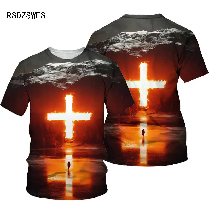 3D Cross Print Men T-shirt Jesus 2021 Summer O Neck Short Sleeve Tees Tops Christian Style Male Clothes Fashion Casual T-shirt