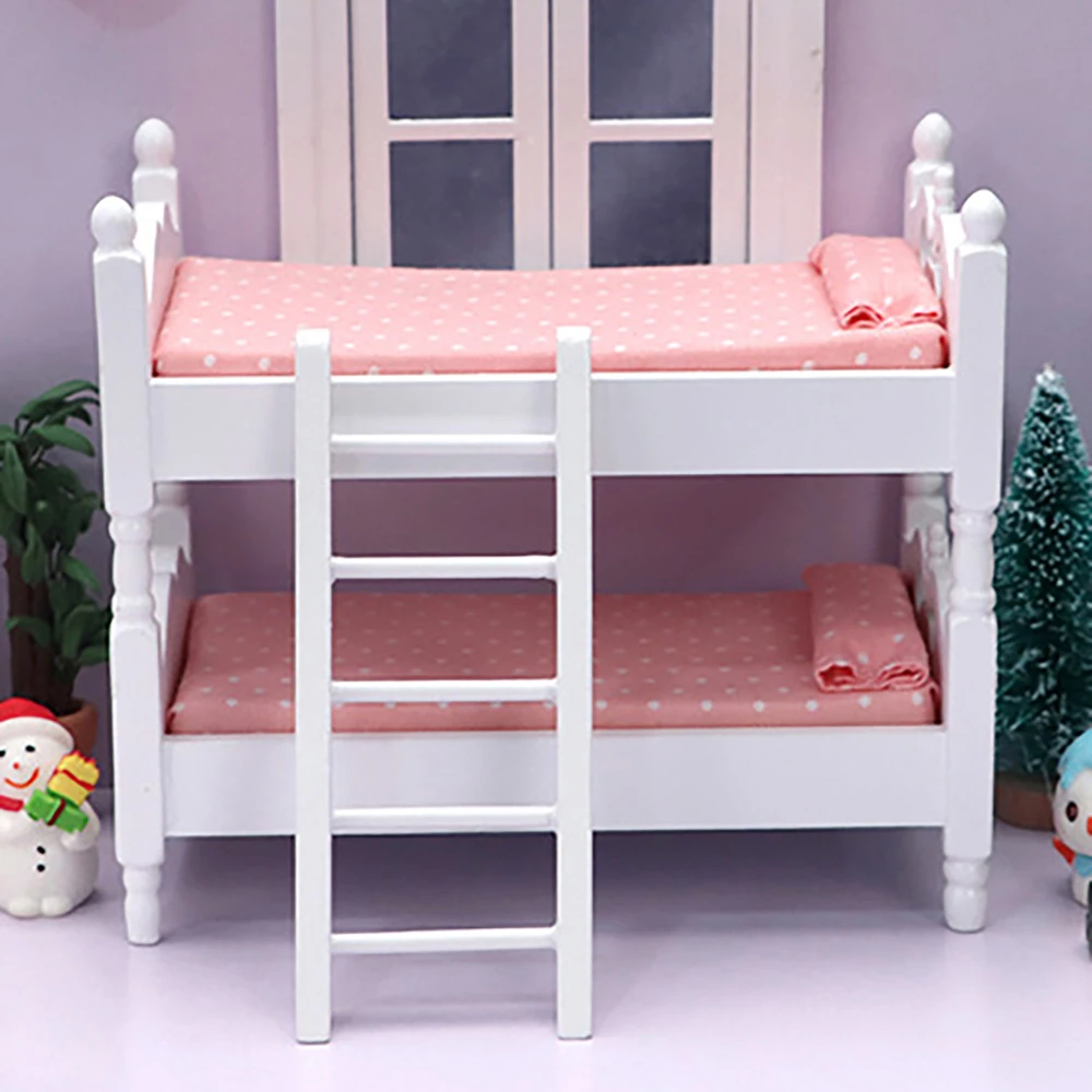 

1/12 Dollhouse Miniature Accessories Mini Wooden Bunk Bed Simulation Double Stacked Bed Model Toy for Doll House Decoration