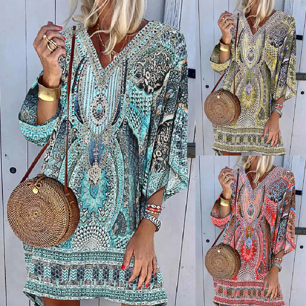 Vestido de verão feminino boho para praia, vestidos vintage, estampa com decote em v, vestido de mangas compridas, roupão feminino de verão