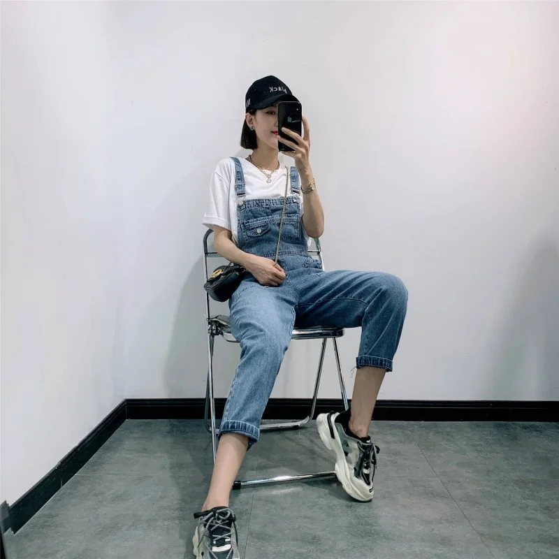 Women Fashion Denim Jumpsuit Ankle Length Pants Summer Sweet Sleeveless Jean Overalls Adjustable Shoulder Strap Loose Jumpsuits