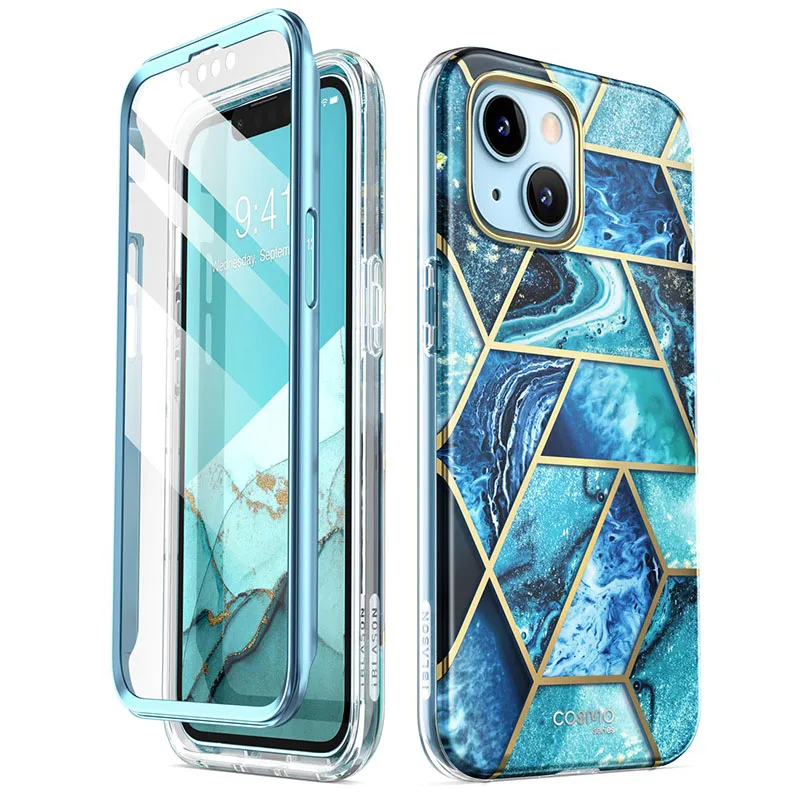 For iPhone 13 Case 6.1 inch (2021 Release) I-BLASON Cosmo Full-Body Glitter Marble Bumper Case with Built-in Screen Protector