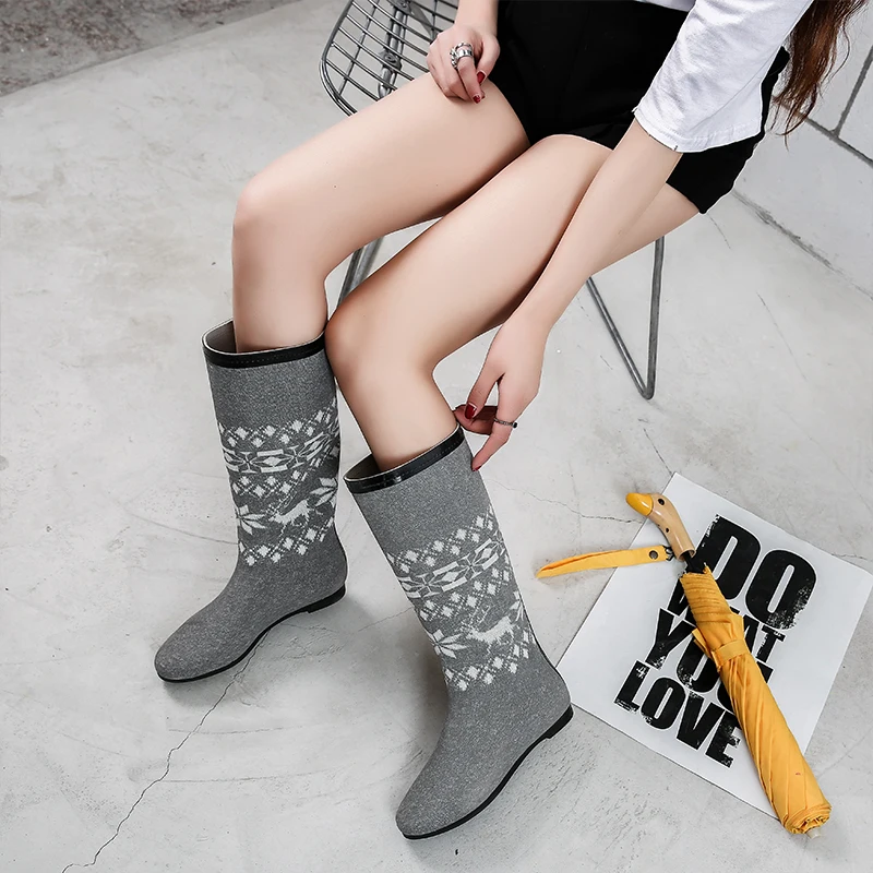 Fashion Rain Shoes High Calf  Lightweight Waterproof Boots Imitation Woven Rubber Antislip Christmas Deer Santa Brand Rain Shoes