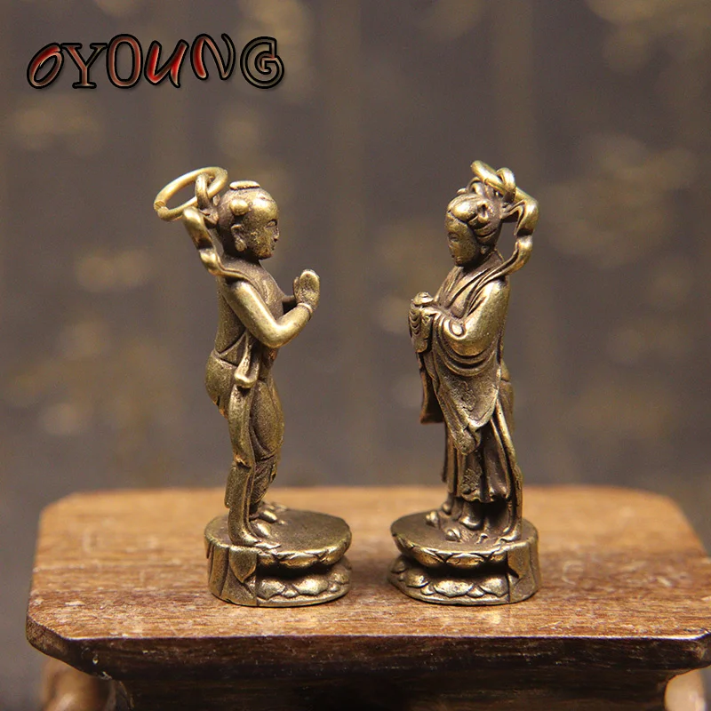 Vintage Copper Buddaha Statue Ornaments Lucky Boy Girl Figures Desk Decoration Accessories for Home Decor Brass Keychain Pendant