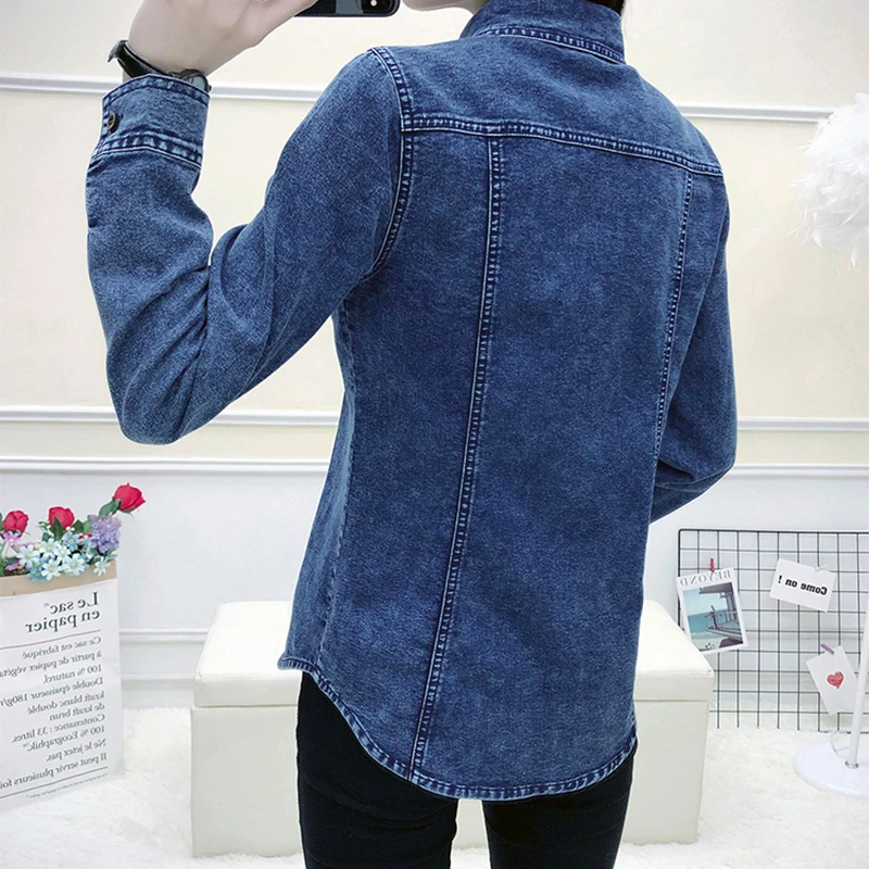 Mới Dài Tay Denim Áo Nữ Thu Xuân Áo Khoác Ngoài Chemise Quần Jean Femme Slim Trắng Phối Xanh Chất Lượng Cao Jean Cotton áo Sơ Mi