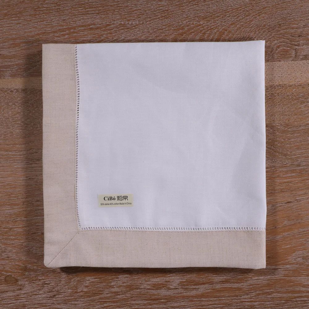 

N037-K-20: 4pieces White Hemstitch Dinner Napkins Khaki hem Ramie Cotton Blend Ladder Hemstitch table linen