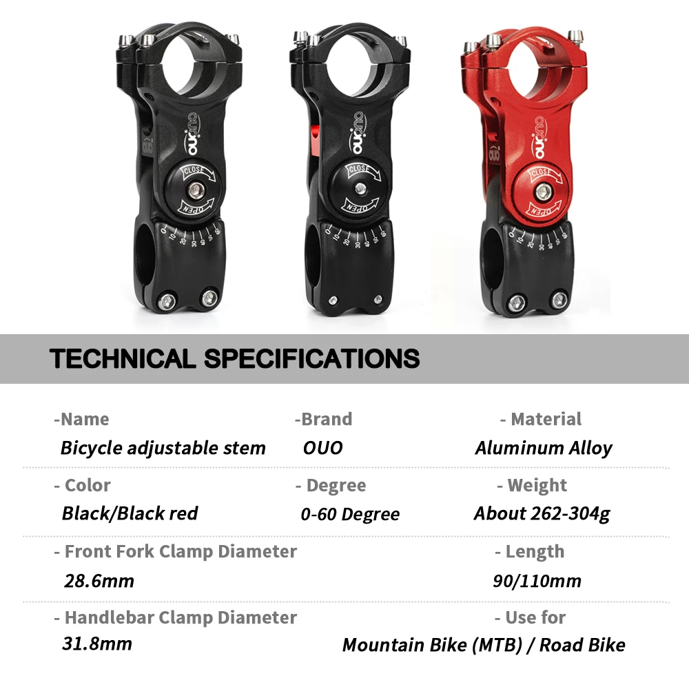 OUO Adjustable Bicycle Stem Riser 0-60 Degree Bike Handlebar Stem Adjust 31.8x90/110mm Aluminum Road Bike Stem Bar Extender