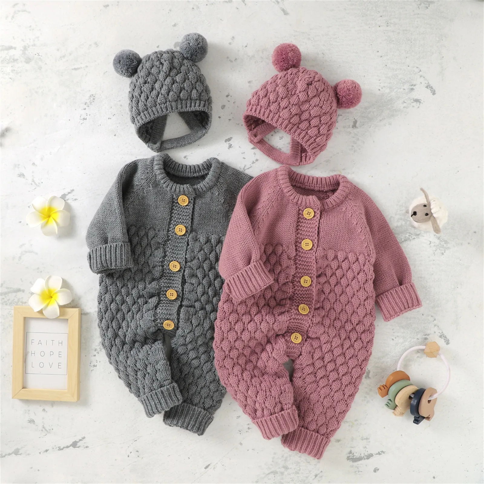 2 stücke Neugeborenen Baby Mädchen Jungen Romper + Hut Set Baby Kleidung Baumwolle Gestrickte Pullover Overall Overalls Winter Baby Kleidung 0-18M