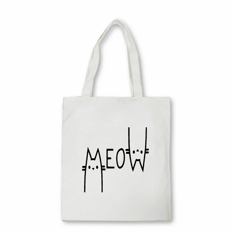 Cute Meow Cat Canvas Shopping Bag Women Large Capacity Storage Handbag Shoulder Tote Reusable Student Bookbag Fashion Shopper