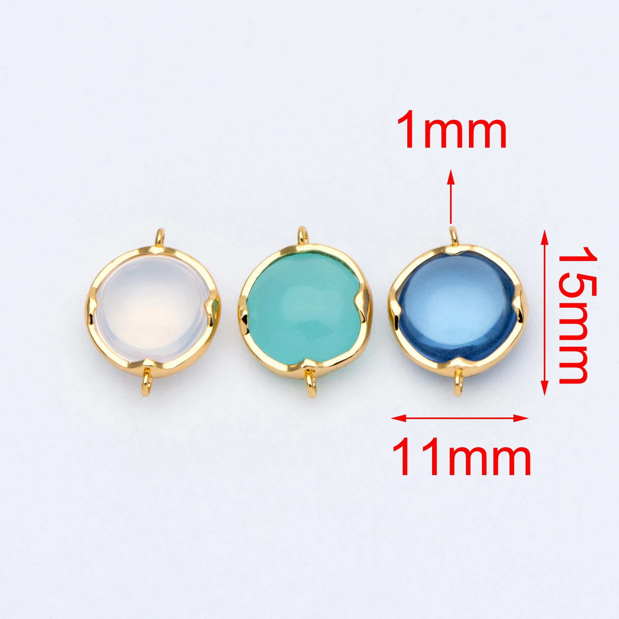 10pcs Gold Framed Glass Connector 15x11mm, Round Coin Bezel Charm Pendants, Clear Mint Blue (GB-805)