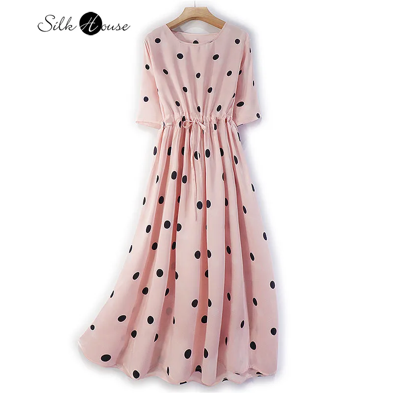 Heavy Silk Satin Silk Dress Women's Fashion New Pink Wave Point Party Evening Dress Spring and Summer 2022 NEW