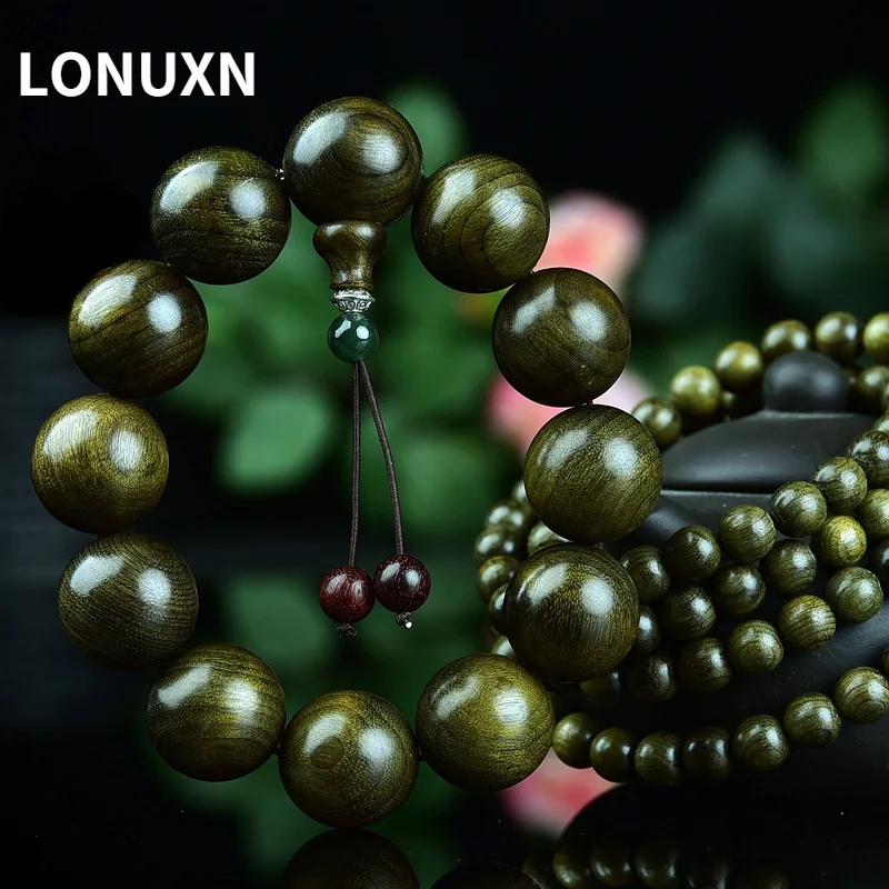 Green Sandalwood Buddhist Prayer Malas Buddha Beads Bracelet Natural Fragrant Wooden Beaded Root with Amulets Men Women Jewelry