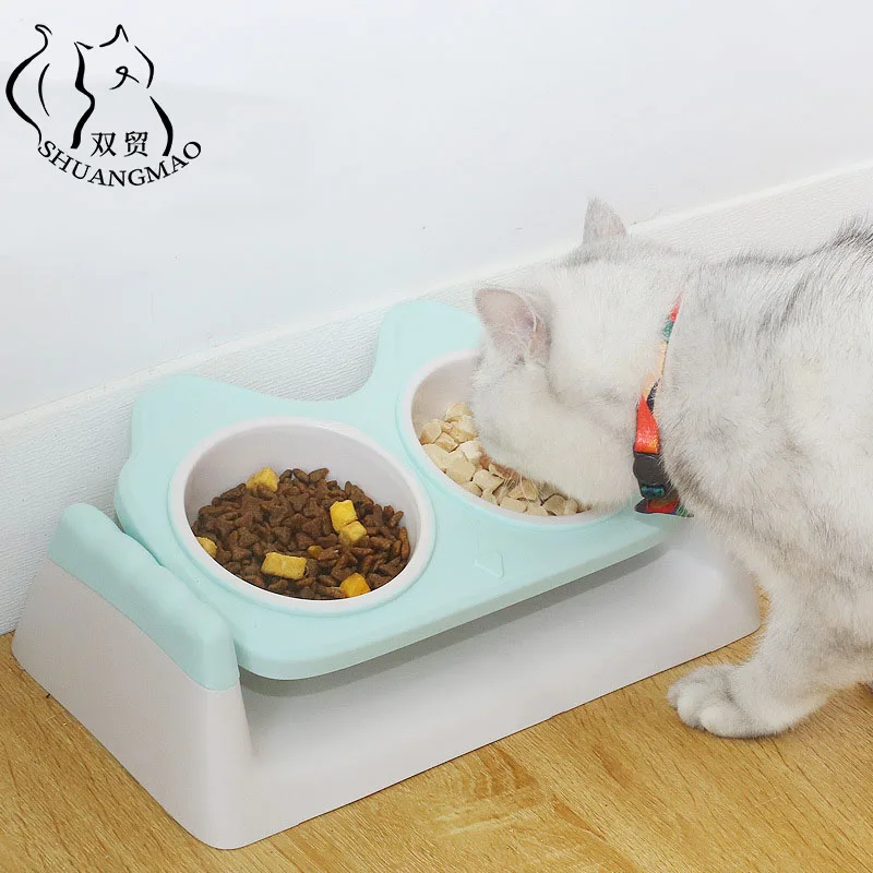 Hot Pet Cat Double Bowl Non-slip 15 Degrees Tilted Safeguard Neck Puppy Raised Stand Food Water Feeder For Dogs Pets Products