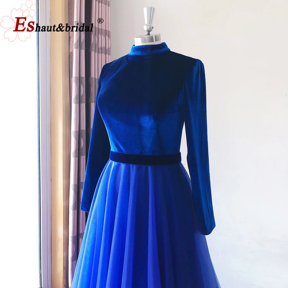 Elegante muçulmano vestidos de noite para mulher 2023 alta pescoço mangas compridas veludo a linha formal dubai árabe casamento baile de formatura vestidos de festa