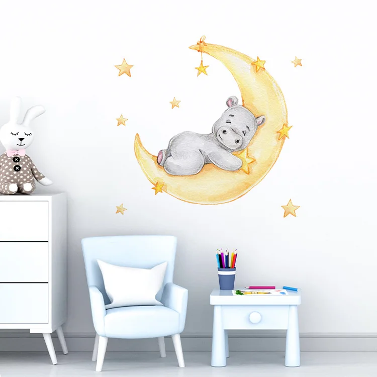 Cartoon-Wandaufkleber mit Mond und Nilpferd für Kinder, Babyzimmer, Dekoration, Zuhause, Wohnzimmer, Hintergrund, Wandbild, Tiere, Verschönerung der Tapete – Detail 2