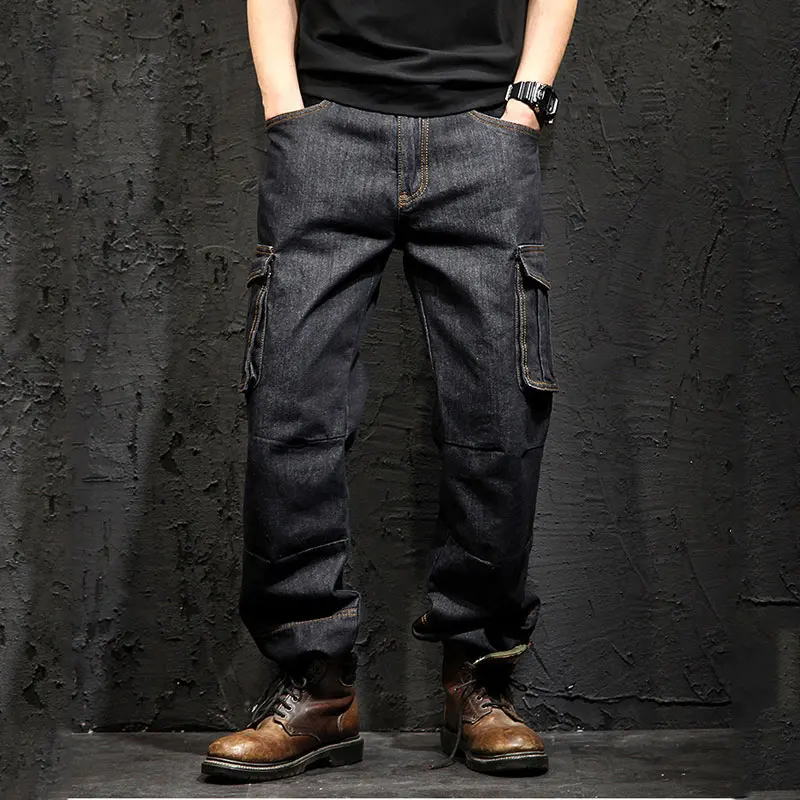 Idopy Multi-pocket Cargo Men's Jeans Loose Straight Large Size 29-46 Military Army Denim Pants Trousers