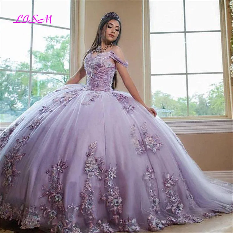 Lavender Princess Ball Gown Quinceanera Dresses 2021 Off The Shoulder Lace Appliques Beaded Sweet 16 Vestidos De 15 Años