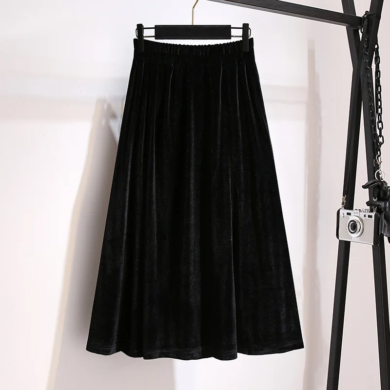 

62890 Loose Women Skirt All-Match Stretch Fall Velvet Elegant Office Ladies Solid Color Black Fashion Cotton Chic A-Line Skirts