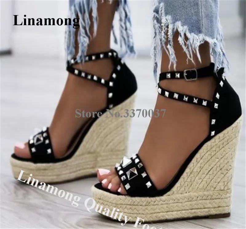 

Linamong Newest Rivets High Platform Wedge Sandals Black Nude Suede Leather Ankle Straps Cross Studs Wedges Club Shoes Big Size